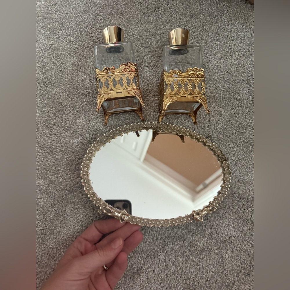 Gold/Silver Decorative Set: Mirror and 2 Bottles *Vintage*